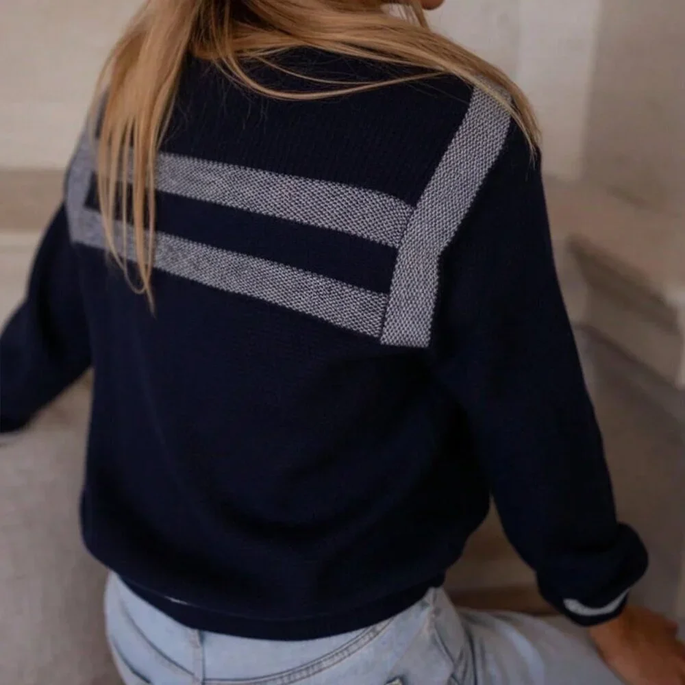 Blue Casual Women's Knitted Sailor Collar Long Sleeve Cardigan with Front Button